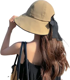 Bowknot Women's Wide Brim Bucket Hat with Ponytail Hole UV Protection Packable Sun Hats for Women UPF 50 Summer Sunhat