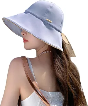 Bowknot Women's Wide Brim Bucket Hat with Ponytail Hole UV Protection Packable Sun Hats for Women UPF 50 Summer Sunhat