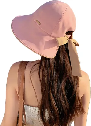 Bowknot Women's Wide Brim Bucket Hat with Ponytail Hole UV Protection Packable Sun Hats for Women UPF 50 Summer Sunhat
