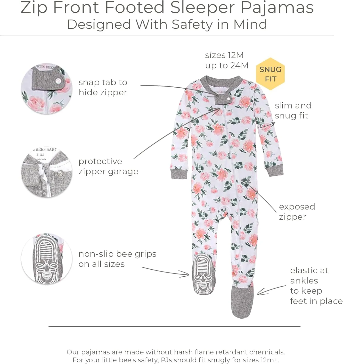 Burt's Bees Baby Baby Girls' Organic Cotton Zip-Front Non-Slip Footed Sleeper Pajamas