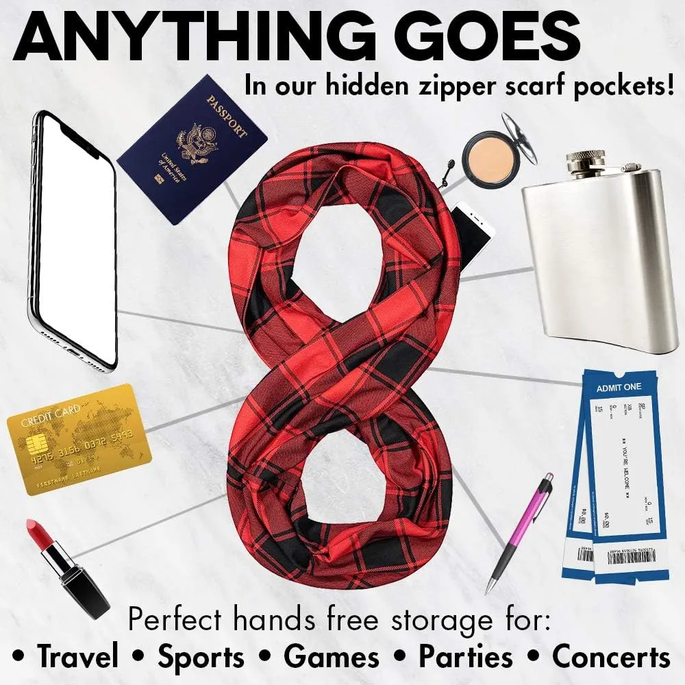 Checkmate Pocket Scarf - Lightweight Plaid Travel Scarves, Infinity Scarves with Zipper Pockets