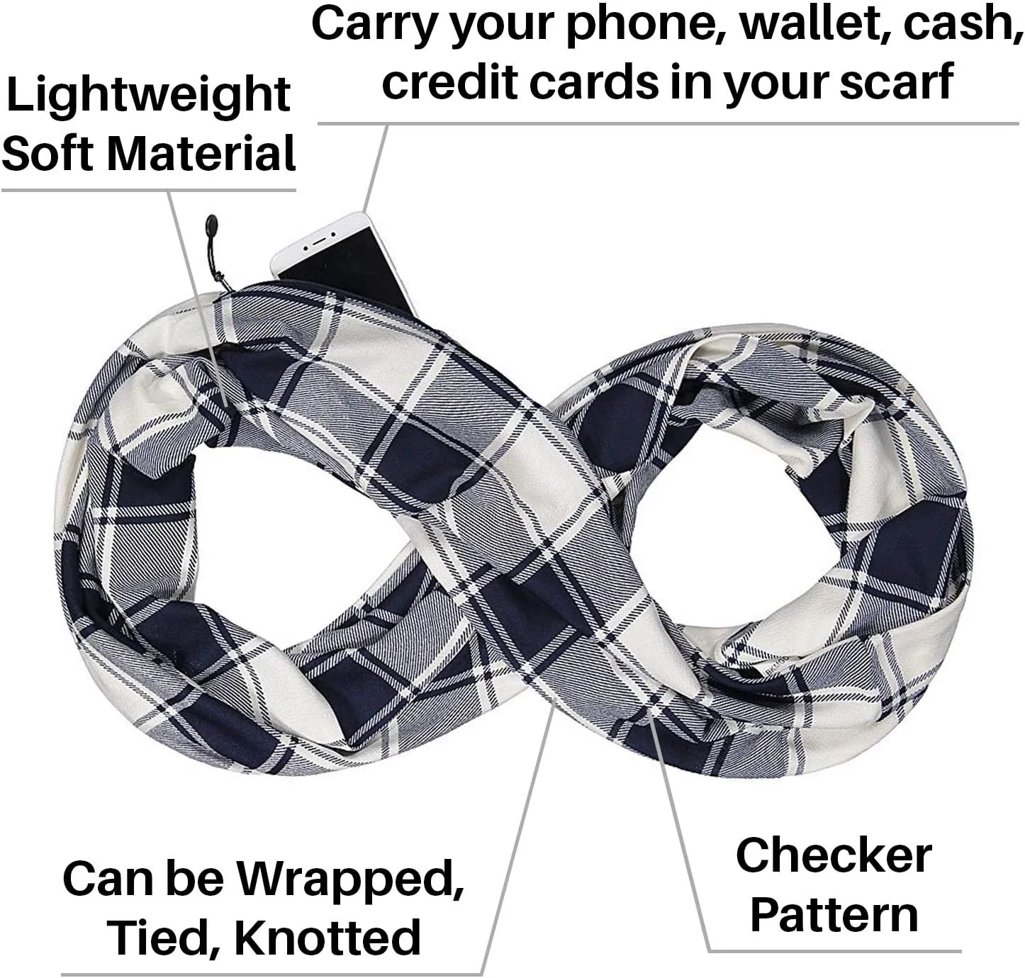 Checkmate Pocket Scarf - Lightweight Plaid Travel Scarves, Infinity Scarves with Zipper Pockets