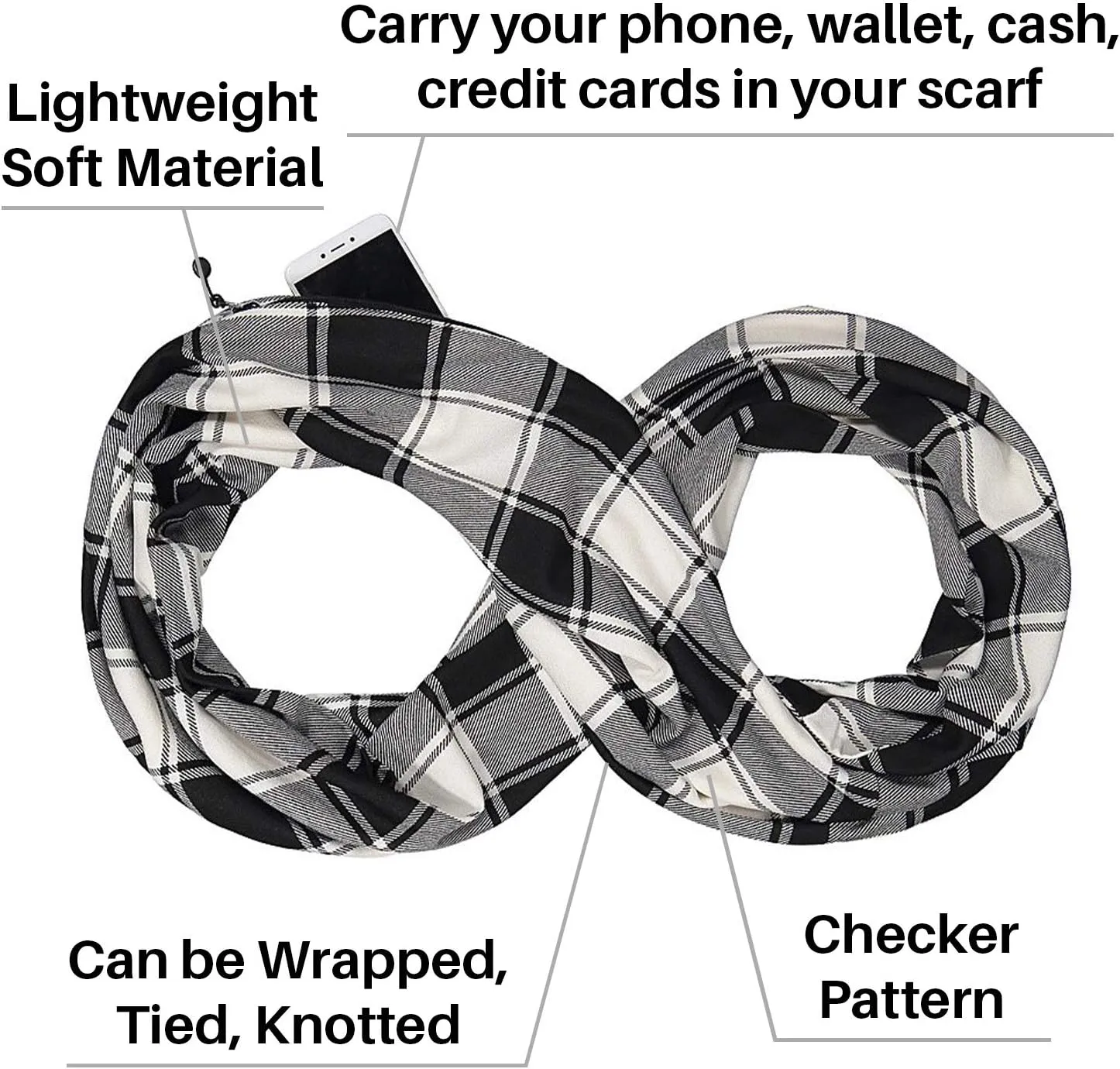 Checkmate Pocket Scarf - Lightweight Plaid Travel Scarves, Infinity Scarves with Zipper Pockets