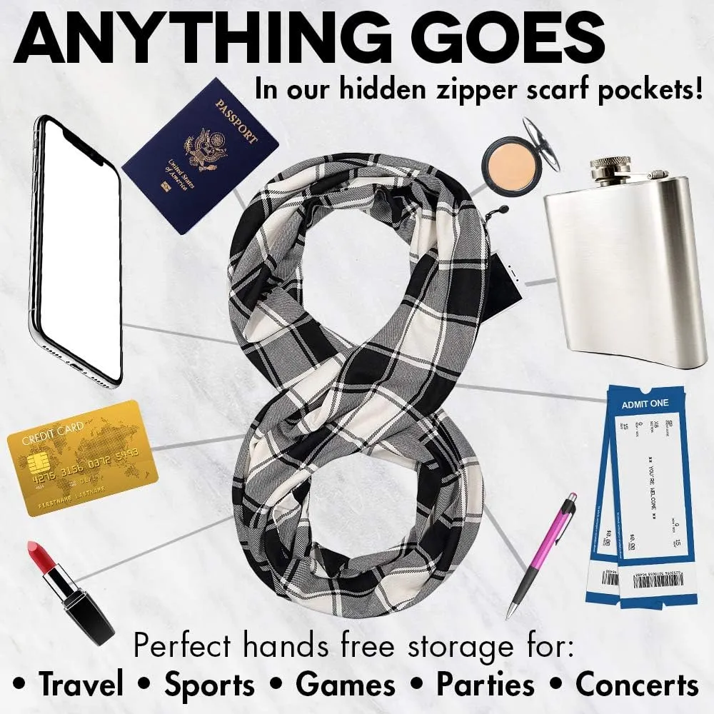 Checkmate Pocket Scarf - Lightweight Plaid Travel Scarves, Infinity Scarves with Zipper Pockets