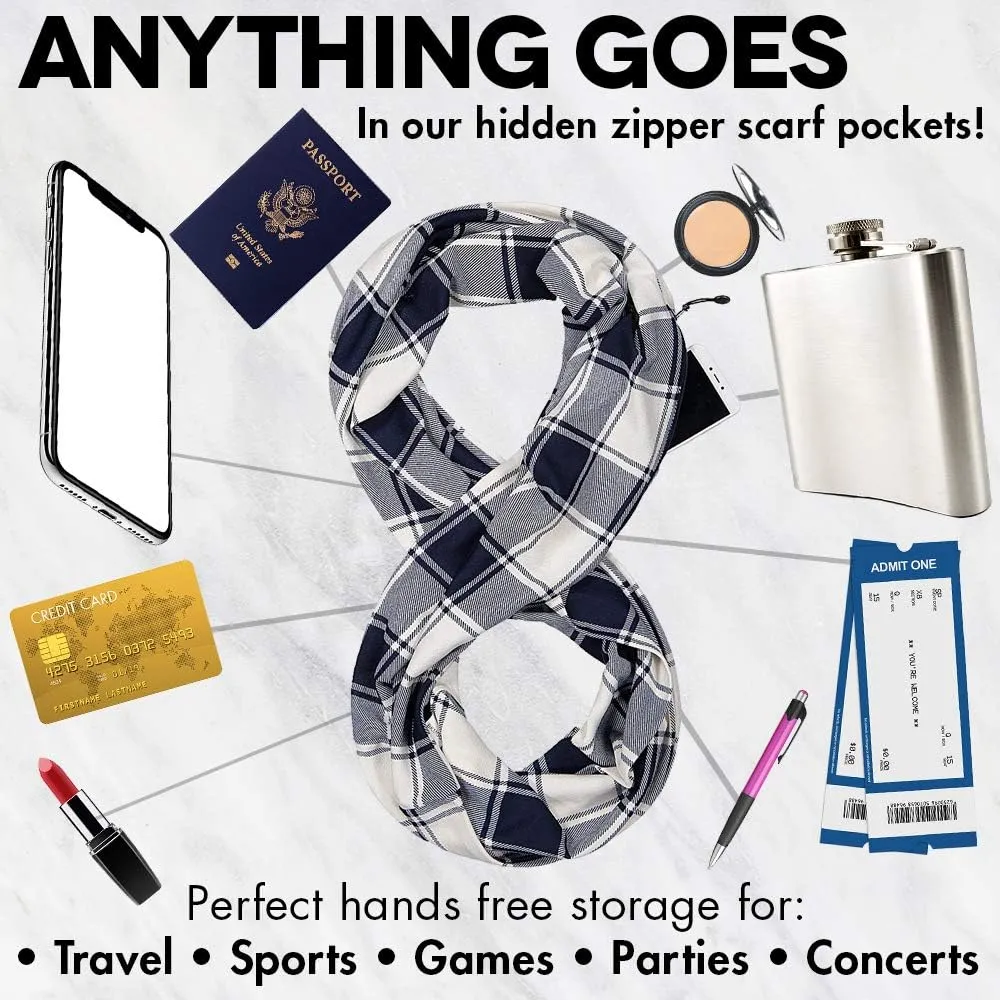 Checkmate Pocket Scarf - Lightweight Plaid Travel Scarves, Infinity Scarves with Zipper Pockets