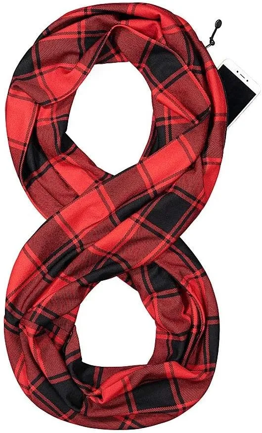 Checkmate Pocket Scarf - Lightweight Plaid Travel Scarves, Infinity Scarves with Zipper Pockets