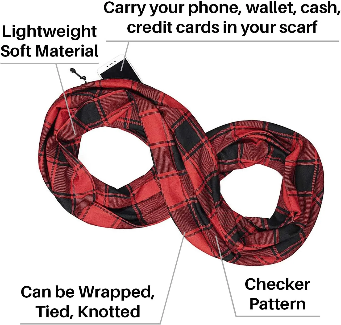 Checkmate Pocket Scarf - Lightweight Plaid Travel Scarves, Infinity Scarves with Zipper Pockets