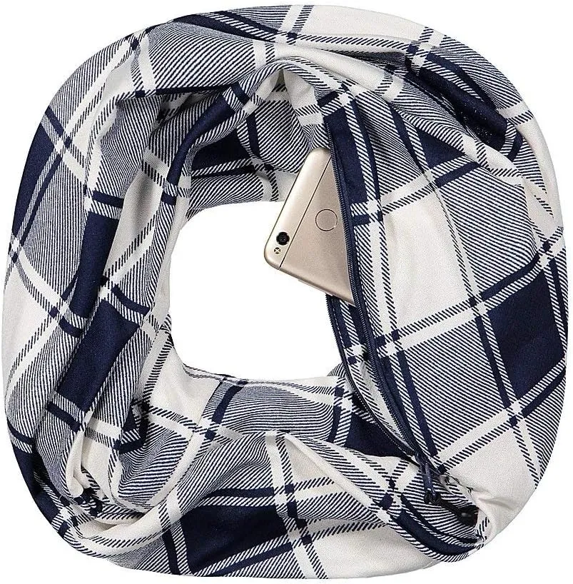 Checkmate Pocket Scarf - Lightweight Plaid Travel Scarves, Infinity Scarves with Zipper Pockets