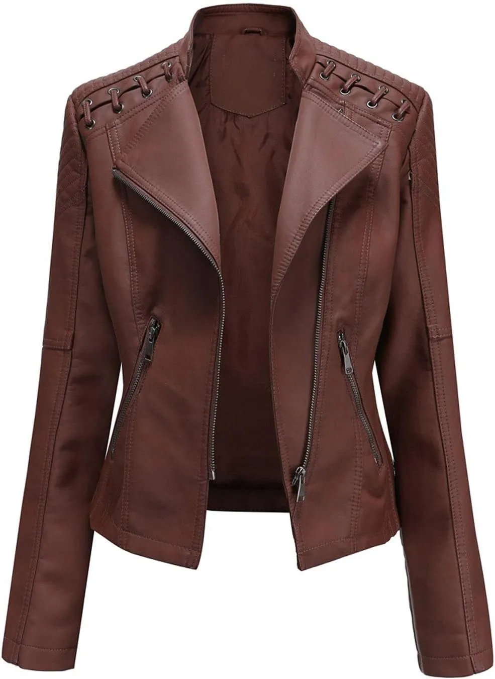 chouyatou Women's String Quilted Shoulder Oblique Zip Moto Pu Leather Biker Jacket