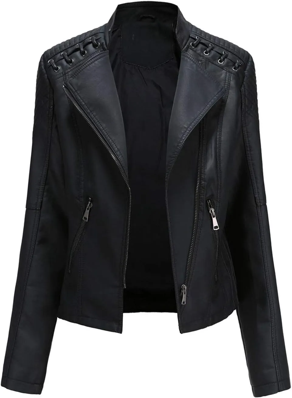 chouyatou Women's String Quilted Shoulder Oblique Zip Moto Pu Leather Biker Jacket