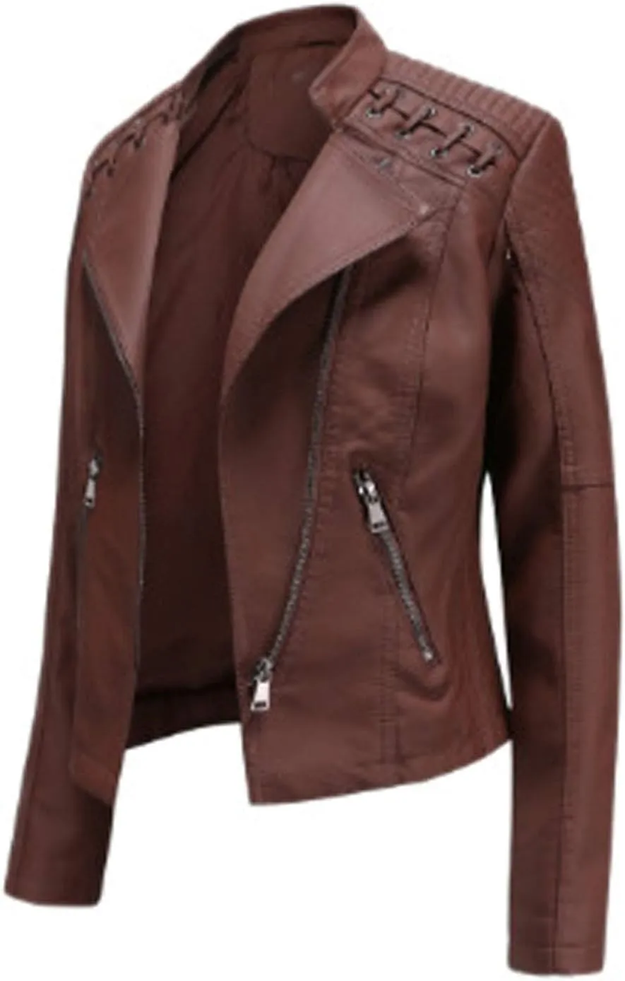 chouyatou Women's String Quilted Shoulder Oblique Zip Moto Pu Leather Biker Jacket