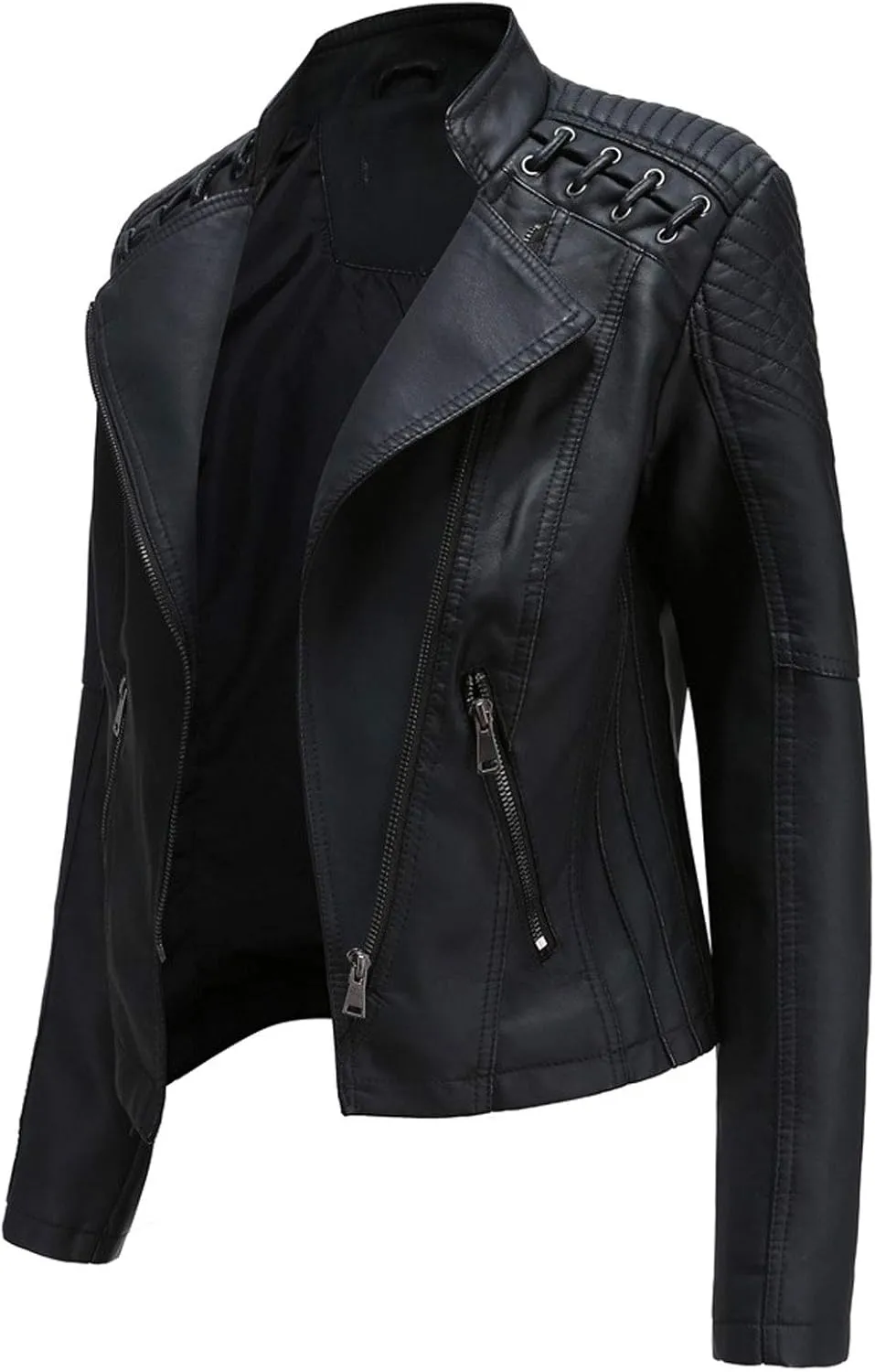 chouyatou Women's String Quilted Shoulder Oblique Zip Moto Pu Leather Biker Jacket