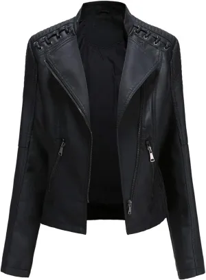 chouyatou Women's String Quilted Shoulder Oblique Zip Moto Pu Leather Biker Jacket