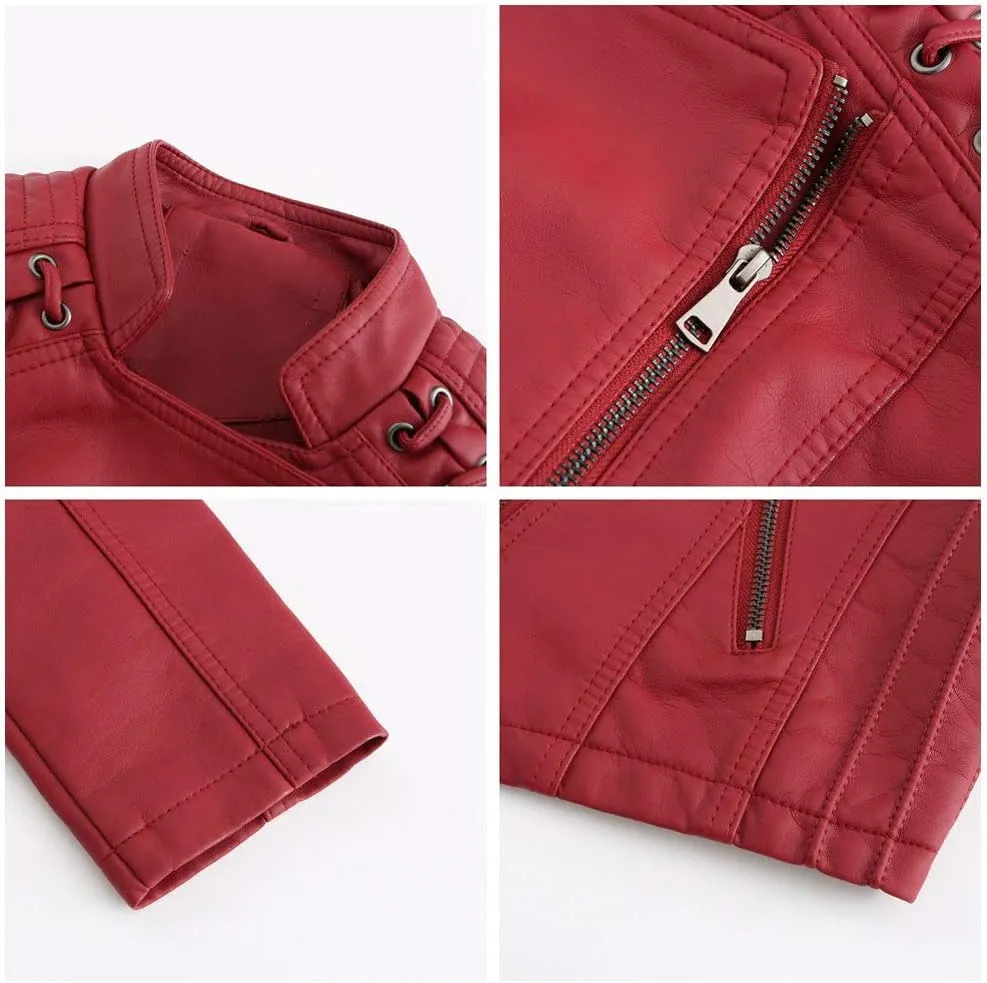 chouyatou Women's String Quilted Shoulder Oblique Zip Moto Pu Leather Biker Jacket