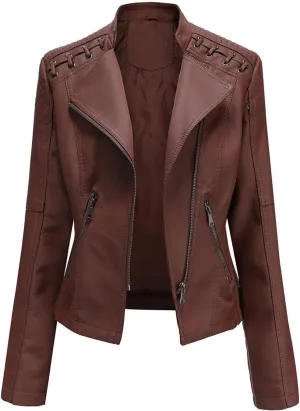 chouyatou Women's String Quilted Shoulder Oblique Zip Moto Pu Leather Biker Jacket