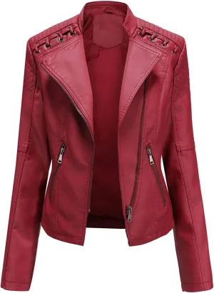 chouyatou Women's String Quilted Shoulder Oblique Zip Moto Pu Leather Biker Jacket