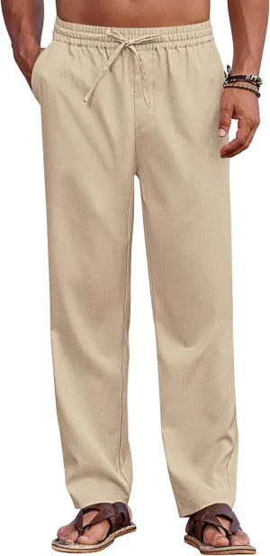 COOFANDY Mens Casual Elastic Waist Pants Drawstring Summer Beach Pant Lightweight Stretch Linen Trouser
