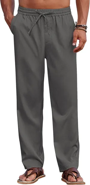 COOFANDY Mens Casual Elastic Waist Pants Drawstring Summer Beach Pant Lightweight Stretch Linen Trouser