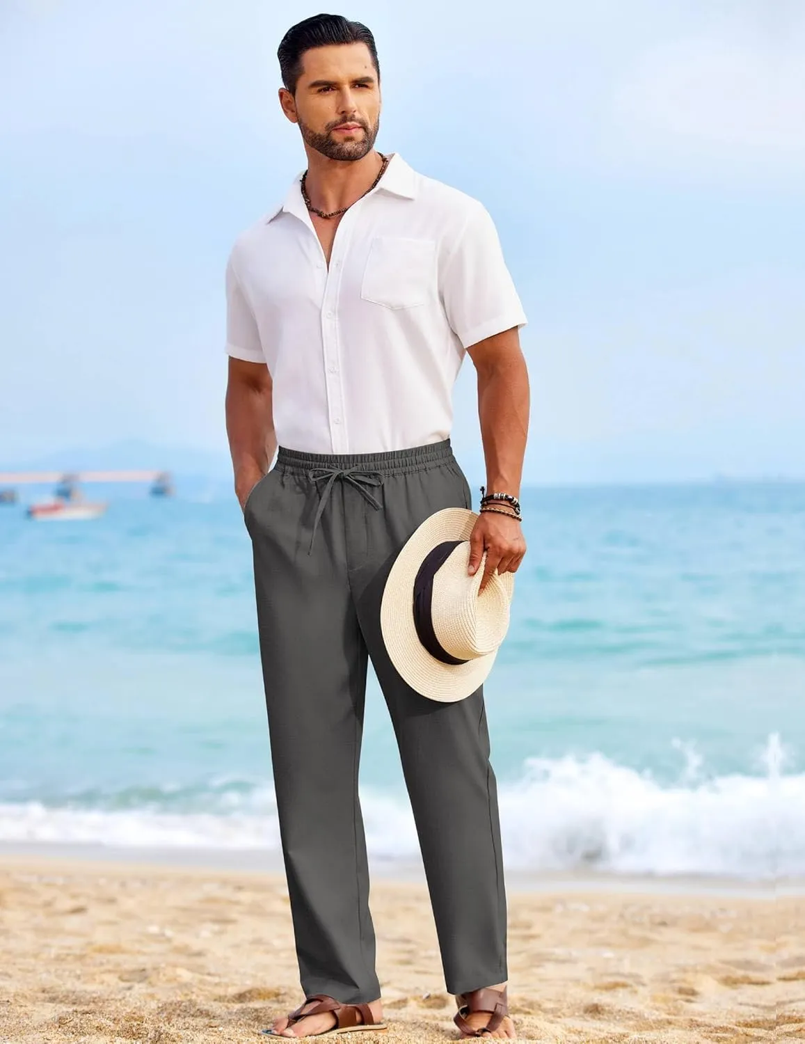 COOFANDY Mens Casual Elastic Waist Pants Drawstring Summer Beach Pant Lightweight Stretch Linen Trouser