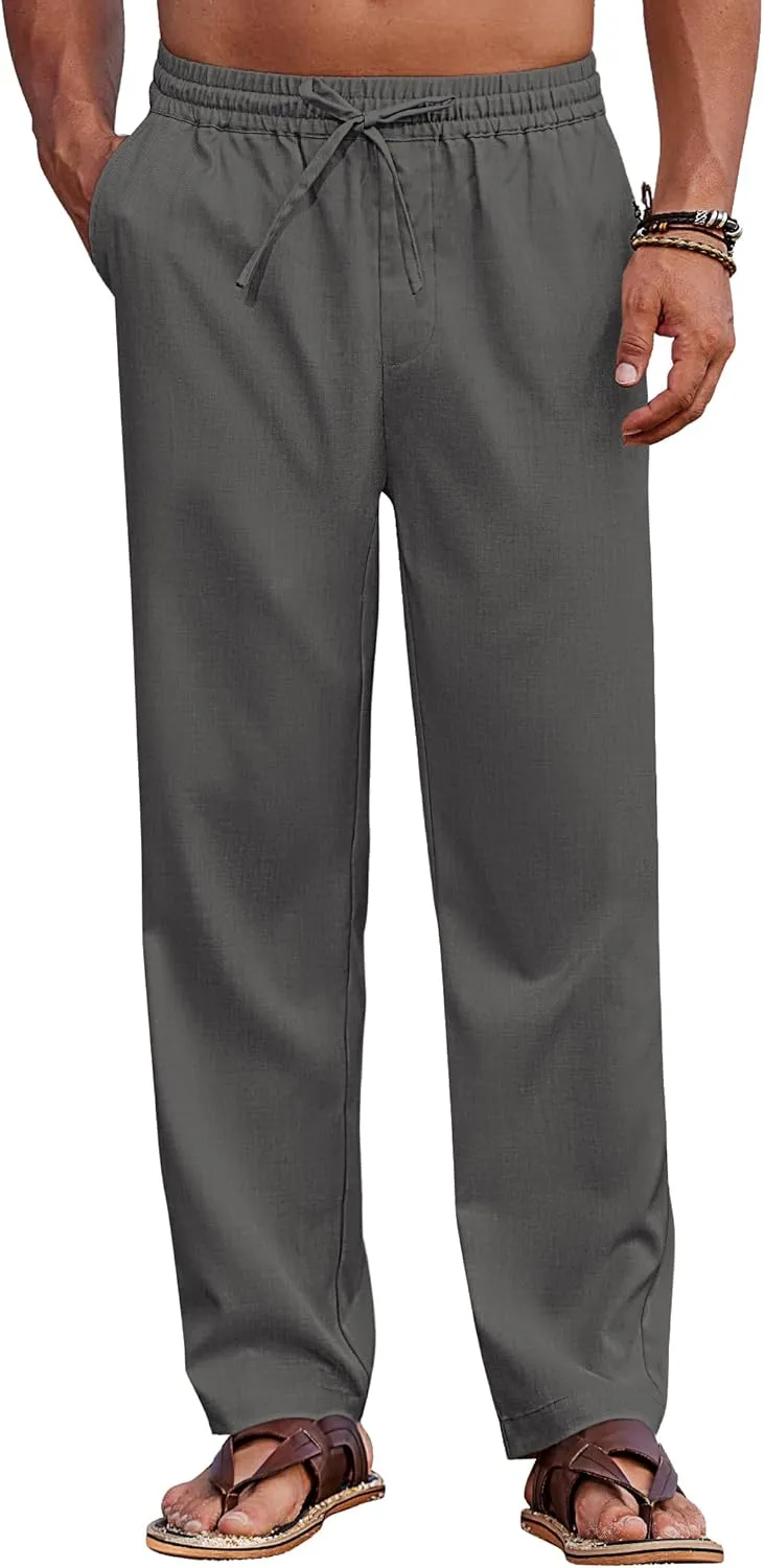 COOFANDY Mens Casual Elastic Waist Pants Drawstring Summer Beach Pant Lightweight Stretch Linen Trouser