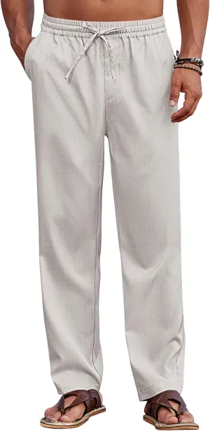 COOFANDY Mens Casual Elastic Waist Pants Drawstring Summer Beach Pant Lightweight Stretch Linen Trouser
