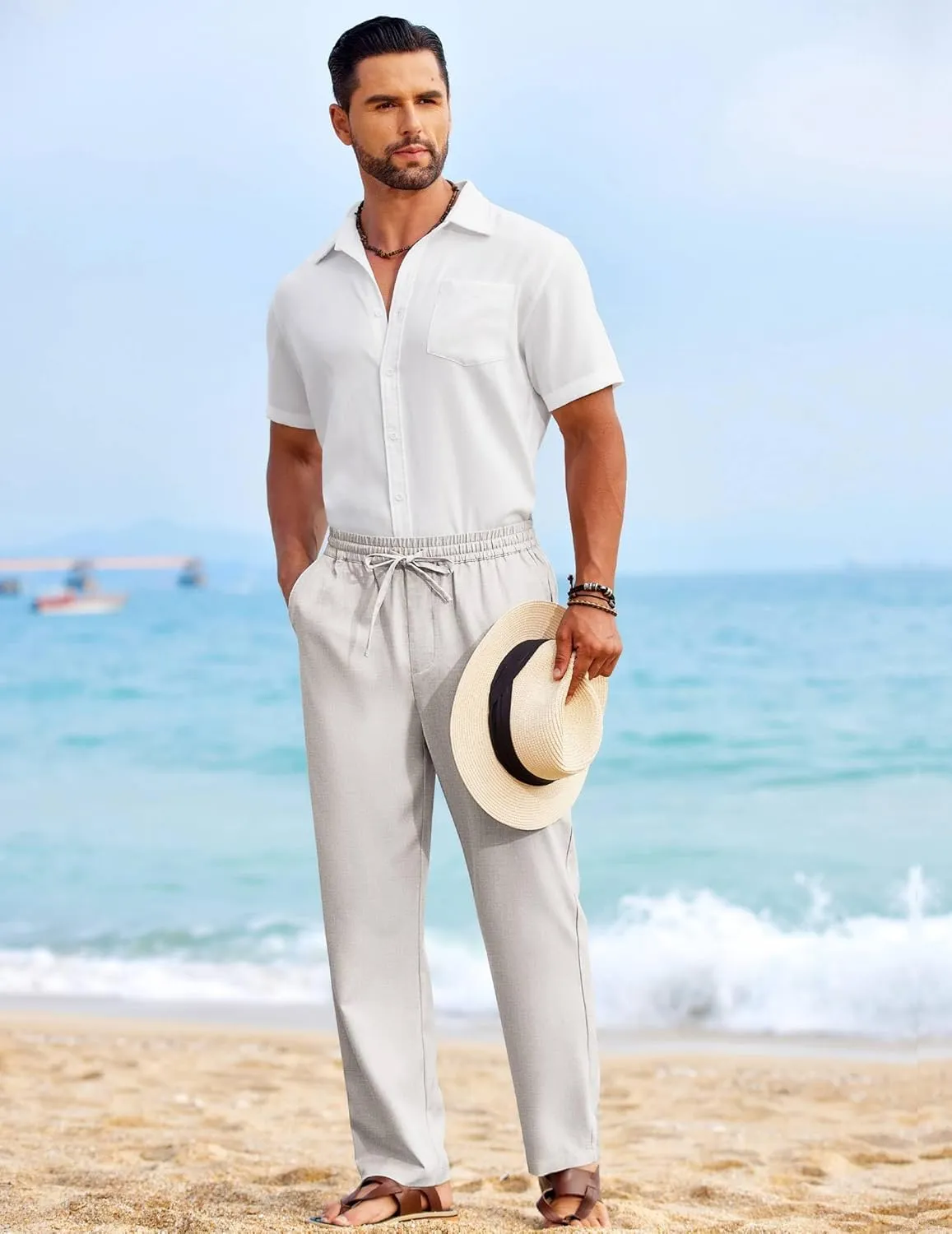 COOFANDY Mens Casual Elastic Waist Pants Drawstring Summer Beach Pant Lightweight Stretch Linen Trouser