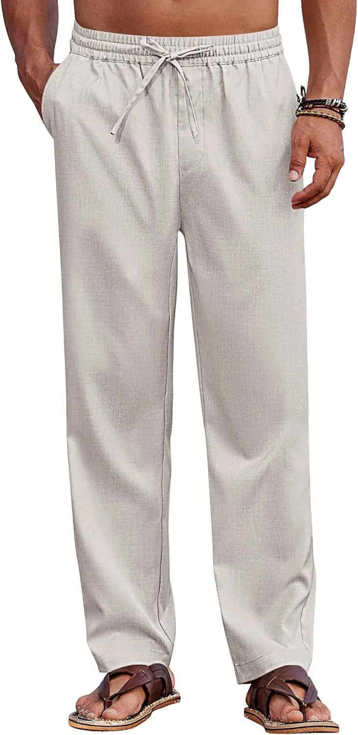COOFANDY Mens Casual Elastic Waist Pants Drawstring Summer Beach Pant Lightweight Stretch Linen Trouser