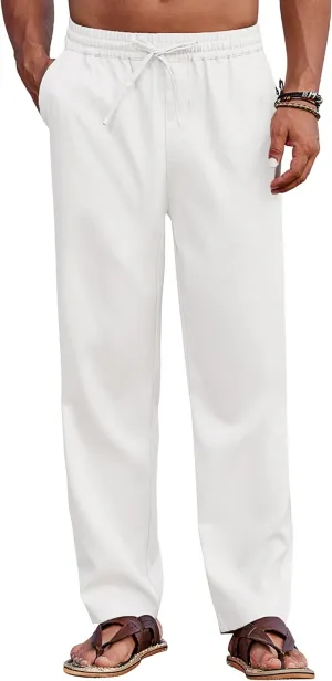 COOFANDY Mens Casual Elastic Waist Pants Drawstring Summer Beach Pant Lightweight Stretch Linen Trouser