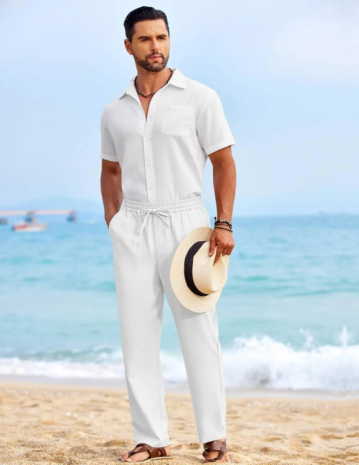COOFANDY Mens Casual Elastic Waist Pants Drawstring Summer Beach Pant Lightweight Stretch Linen Trouser