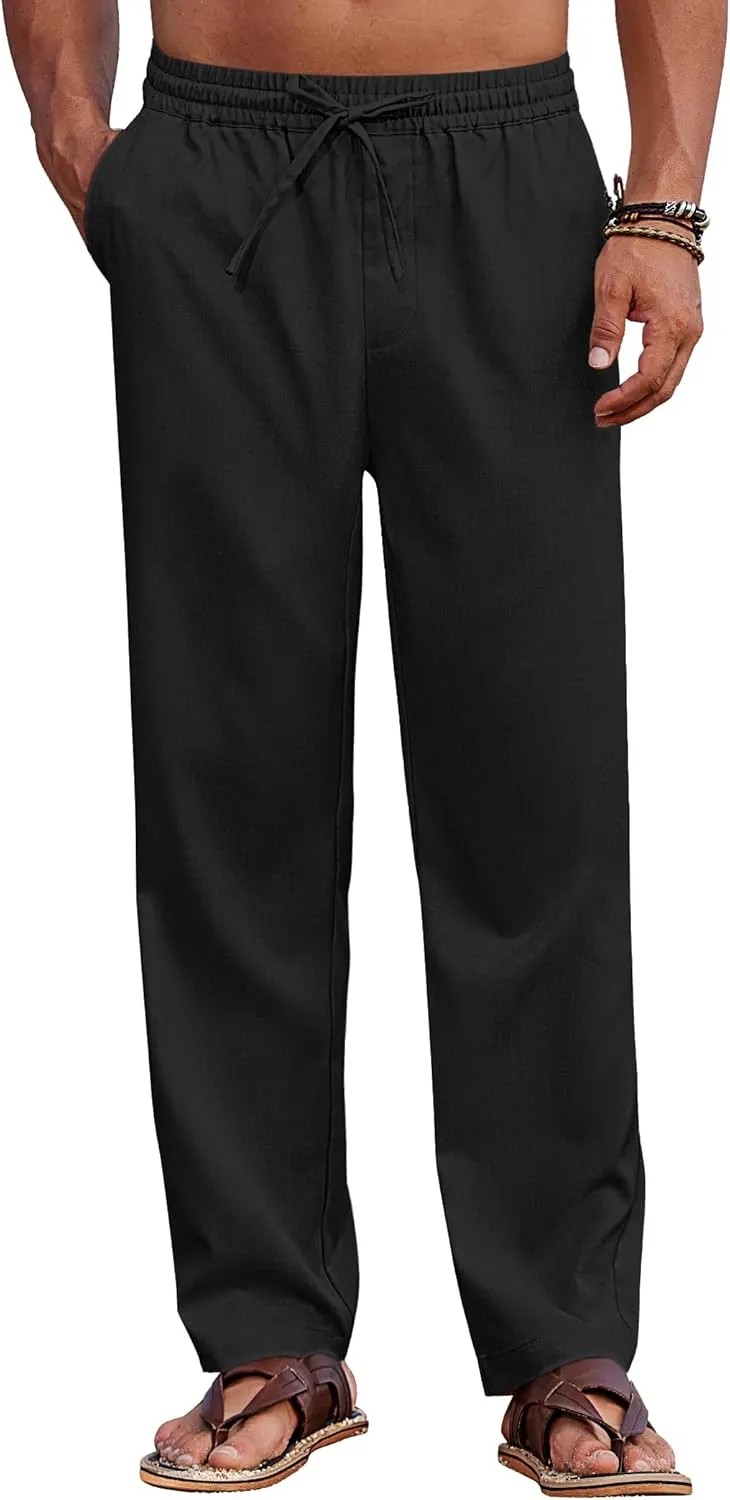 COOFANDY Mens Casual Elastic Waist Pants Drawstring Summer Beach Pant Lightweight Stretch Linen Trouser