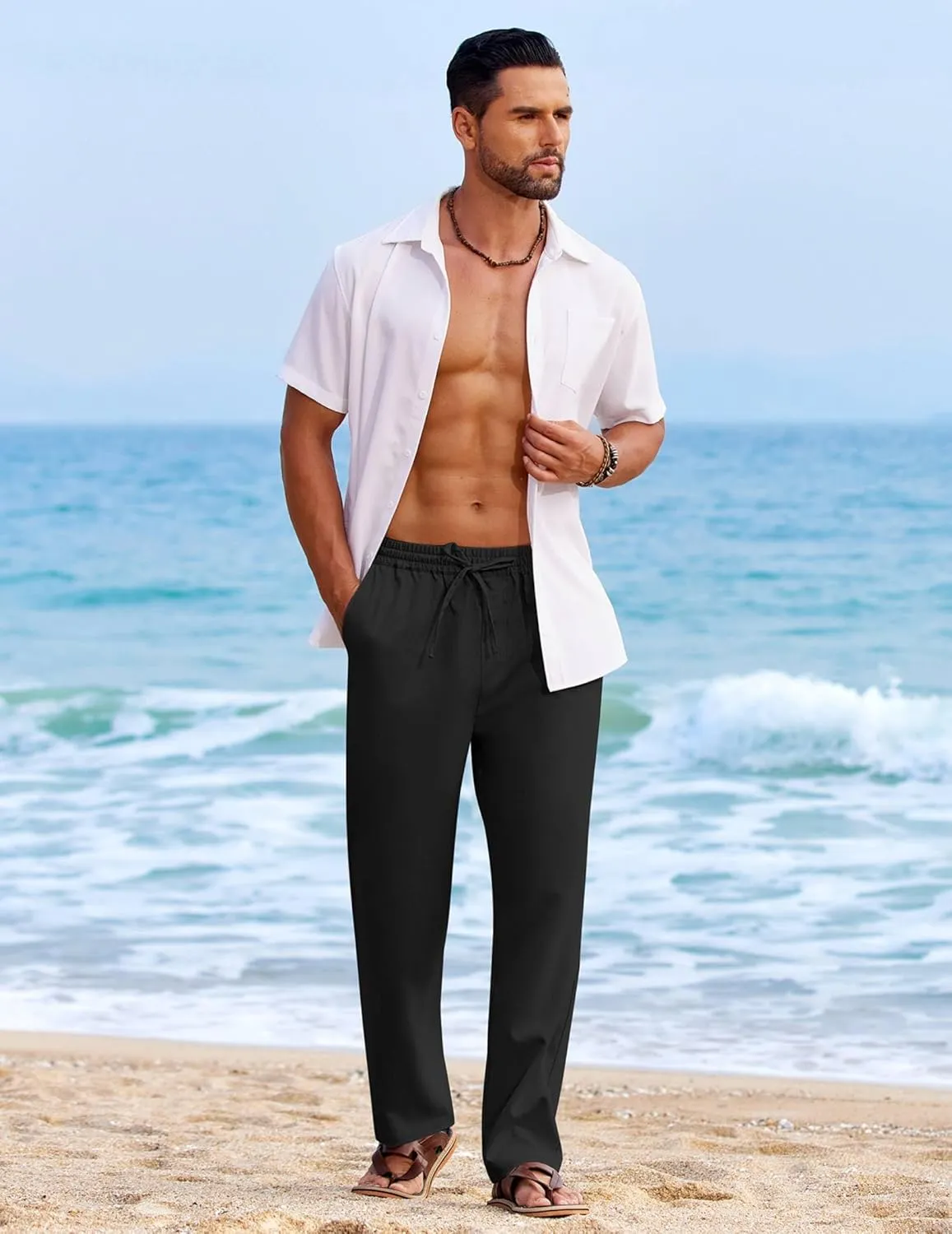 COOFANDY Mens Casual Elastic Waist Pants Drawstring Summer Beach Pant Lightweight Stretch Linen Trouser