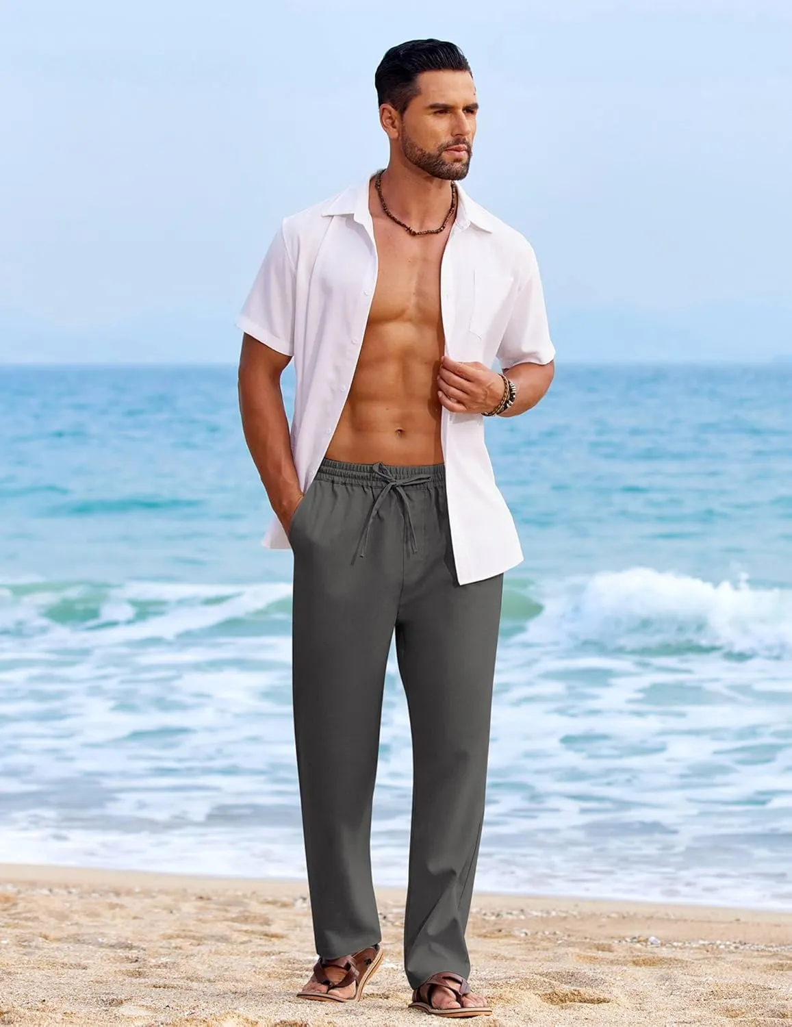 COOFANDY Mens Casual Elastic Waist Pants Drawstring Summer Beach Pant Lightweight Stretch Linen Trouser