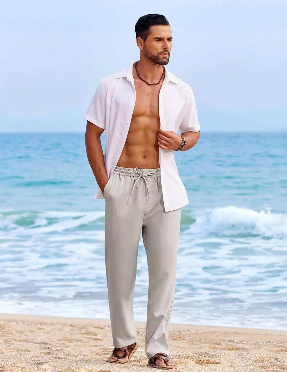 COOFANDY Mens Casual Elastic Waist Pants Drawstring Summer Beach Pant Lightweight Stretch Linen Trouser