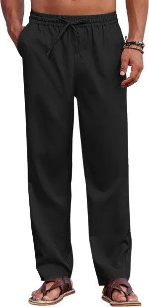 COOFANDY Mens Casual Elastic Waist Pants Drawstring Summer Beach Pant Lightweight Stretch Linen Trouser