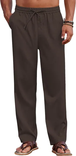 COOFANDY Mens Casual Elastic Waist Pants Drawstring Summer Beach Pant Lightweight Stretch Linen Trouser