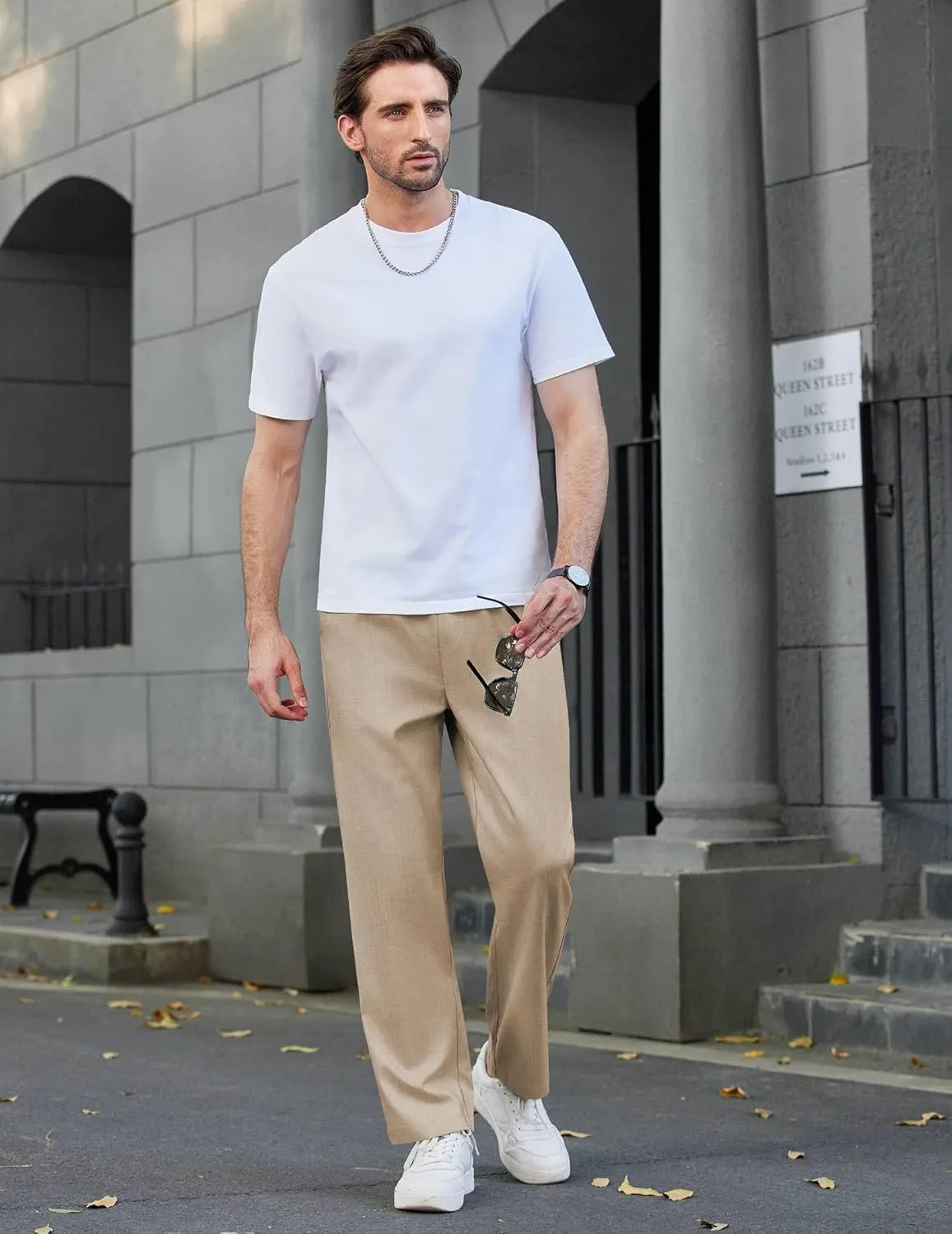 COOFANDY Mens Casual Elastic Waist Pants Drawstring Summer Beach Pant Lightweight Stretch Linen Trouser
