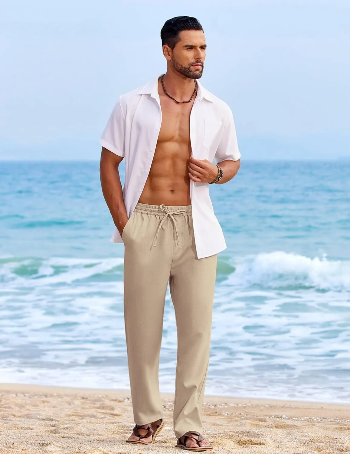 COOFANDY Mens Casual Elastic Waist Pants Drawstring Summer Beach Pant Lightweight Stretch Linen Trouser