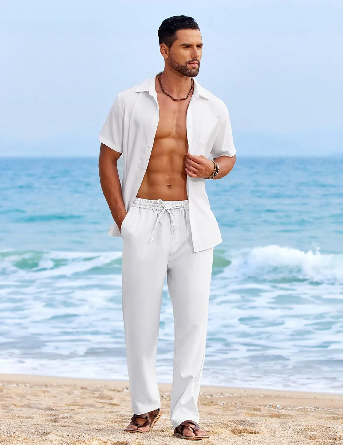 COOFANDY Mens Casual Elastic Waist Pants Drawstring Summer Beach Pant Lightweight Stretch Linen Trouser