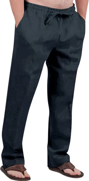 Cotton Linen Pants Men Lightweight Big and Tall Elastic Waist Pants 2025 Summer Beach Travel Trousers with Pockets