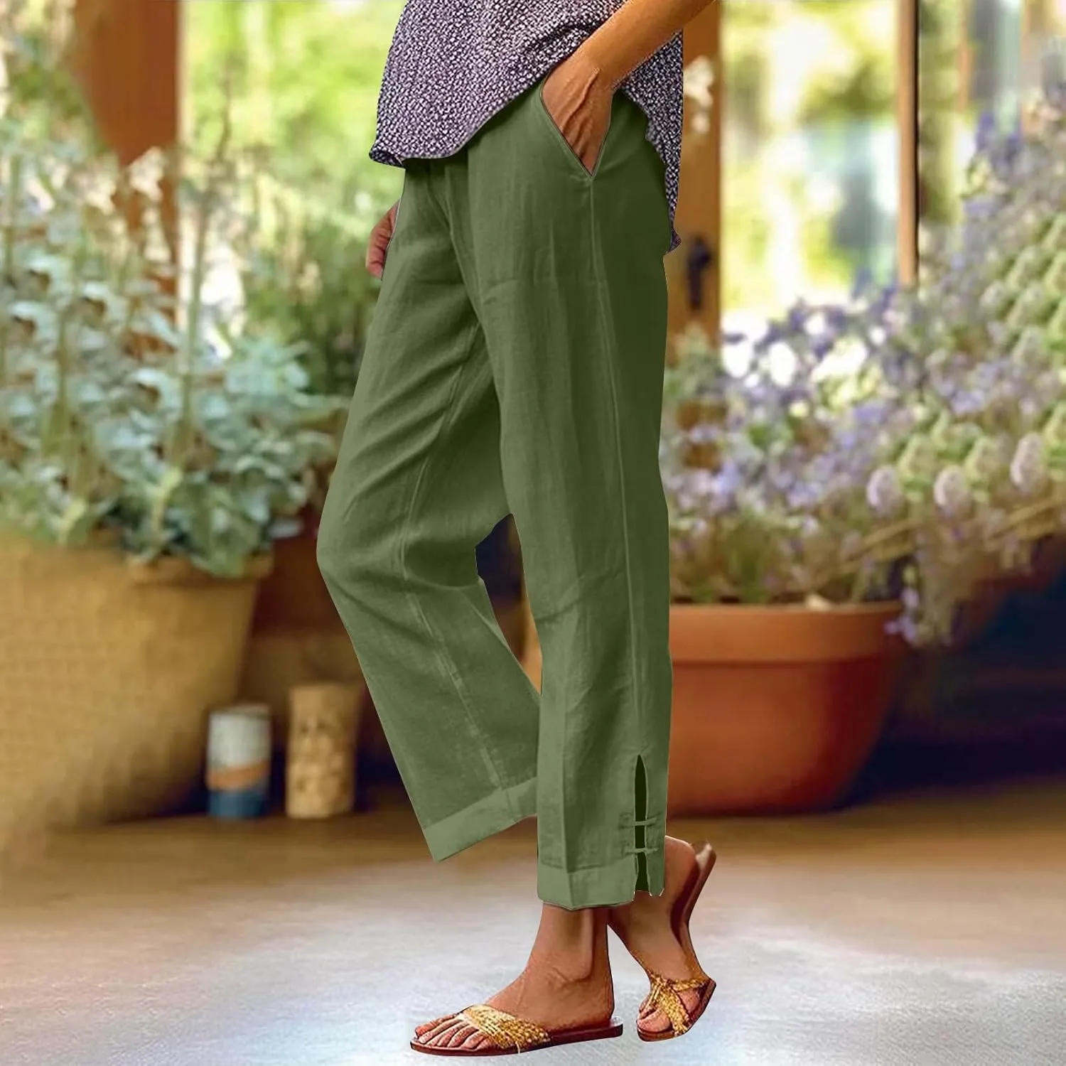 Cotton Linen Work Pants for Women Wide Leg Elastic Waistd Summer Loose Palazzo Flowy Pants Straight Leg Vintage Outfits
