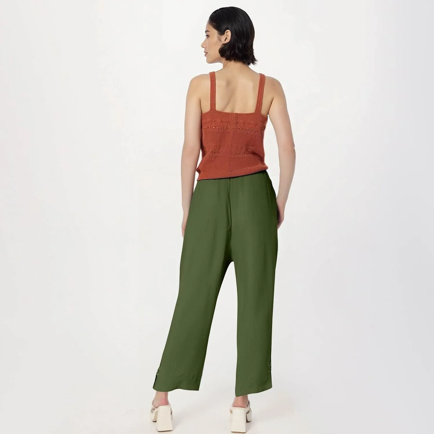Cotton Linen Work Pants for Women Wide Leg Elastic Waistd Summer Loose Palazzo Flowy Pants Straight Leg Vintage Outfits