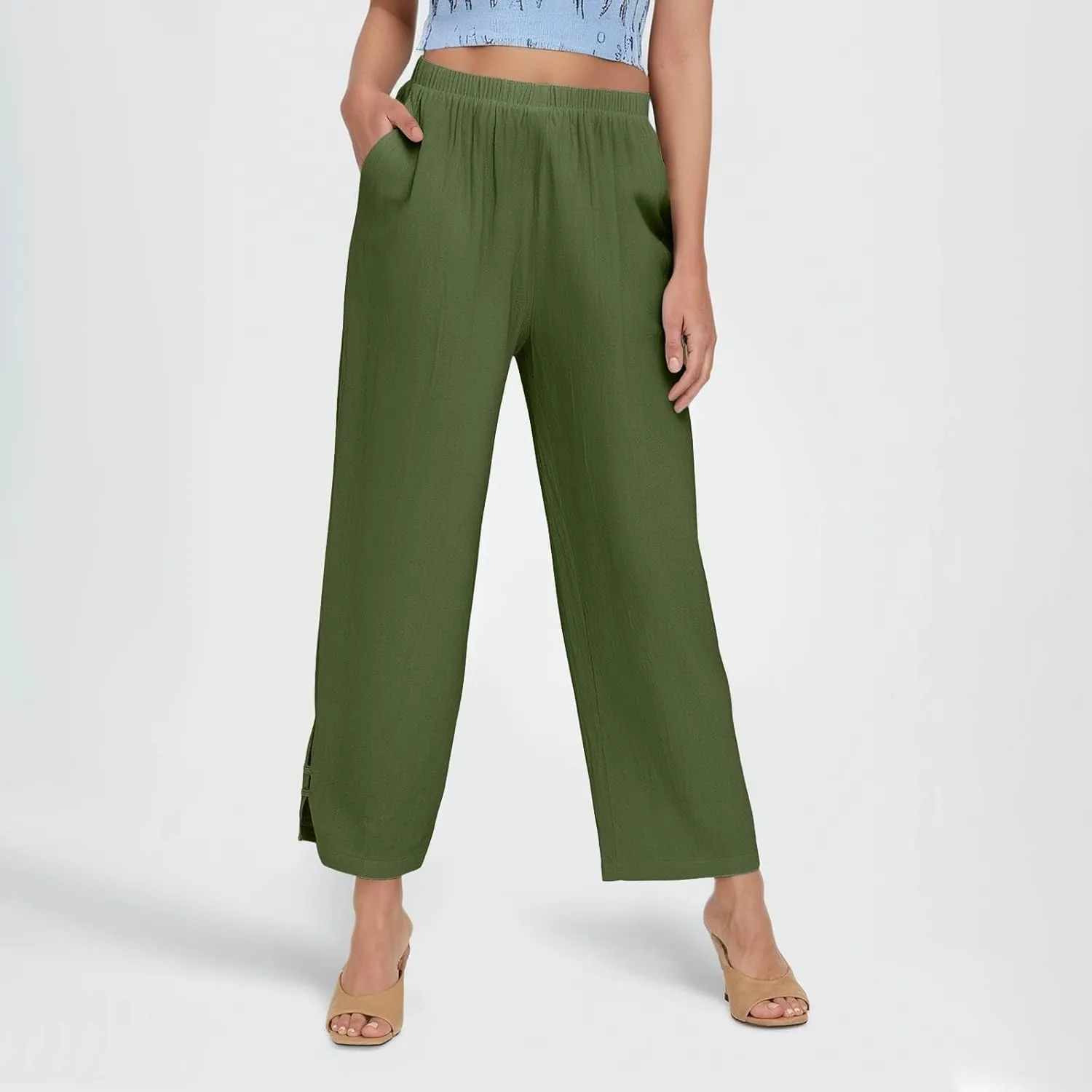 Cotton Linen Work Pants for Women Wide Leg Elastic Waistd Summer Loose Palazzo Flowy Pants Straight Leg Vintage Outfits