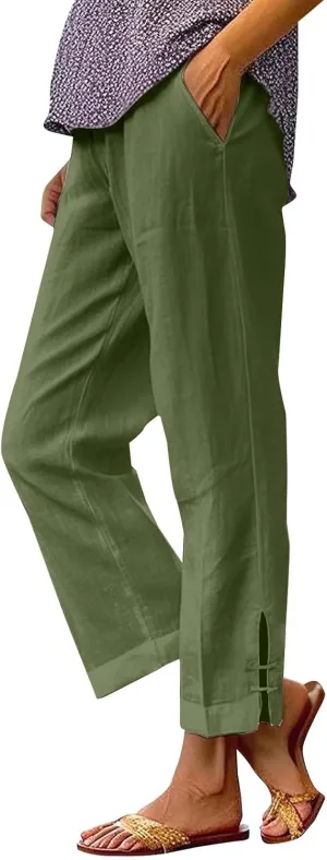 Cotton Linen Work Pants for Women Wide Leg Elastic Waistd Summer Loose Palazzo Flowy Pants Straight Leg Vintage Outfits