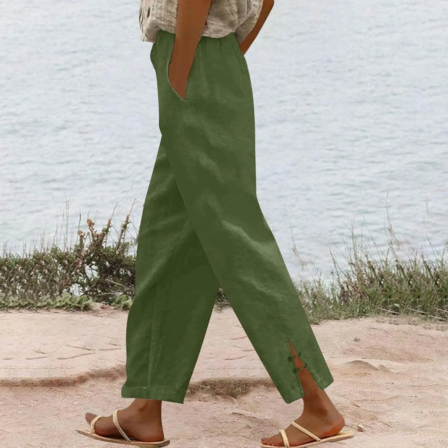 Cotton Linen Work Pants for Women Wide Leg Elastic Waistd Summer Loose Palazzo Flowy Pants Straight Leg Vintage Outfits