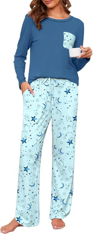 Cotton Pajamas for Women Set 2 Piece Lounge Sets Print Long Sleeve Pj Set Winter Loungewear Sleepwear with Pockets