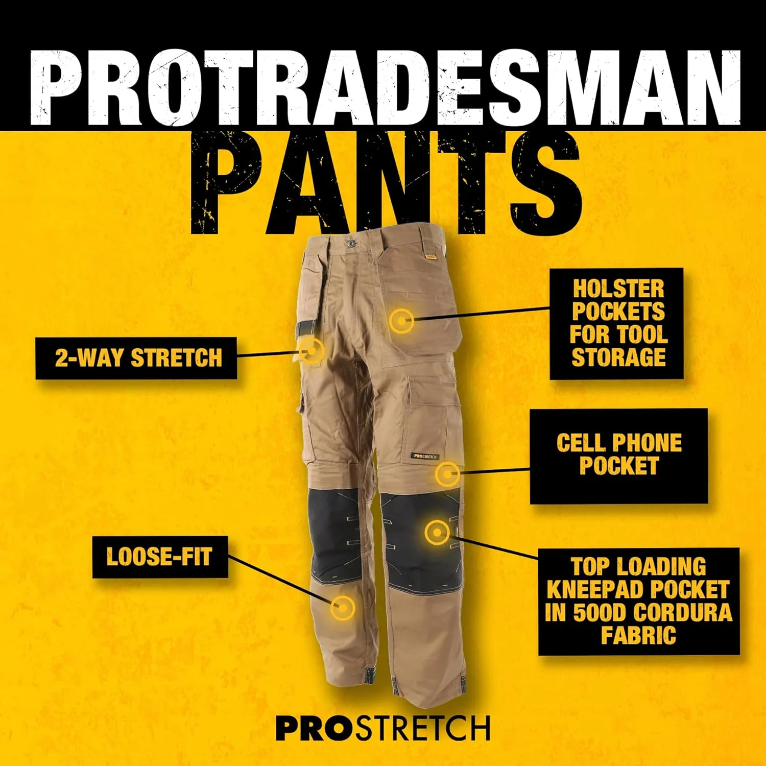 DEWALT Protradesman Men's Loose Fit, Holster Pocket, Cottonpoly Stretch Work Pants