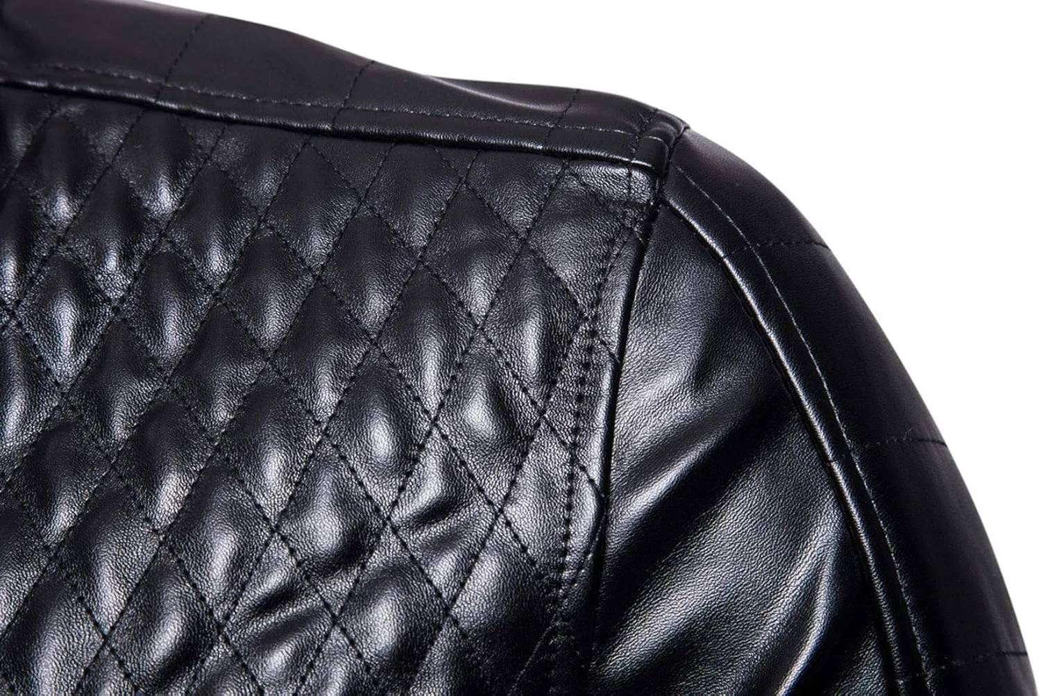 ebossy Men's Casual Stand Collar Zip Up Faux Leather Diamond Quilted Moto Jacket