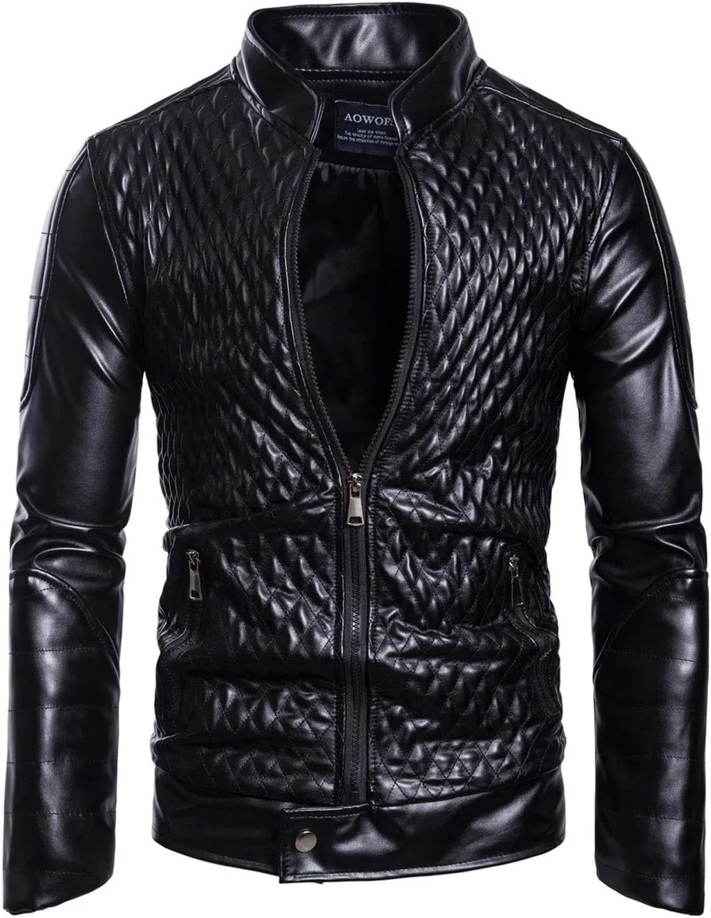 ebossy Men's Casual Stand Collar Zip Up Faux Leather Diamond Quilted Moto Jacket