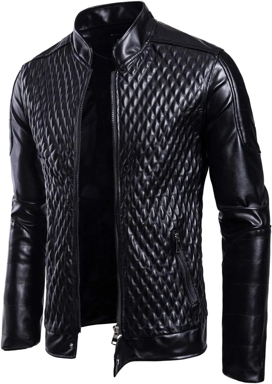 ebossy Men's Casual Stand Collar Zip Up Faux Leather Diamond Quilted Moto Jacket