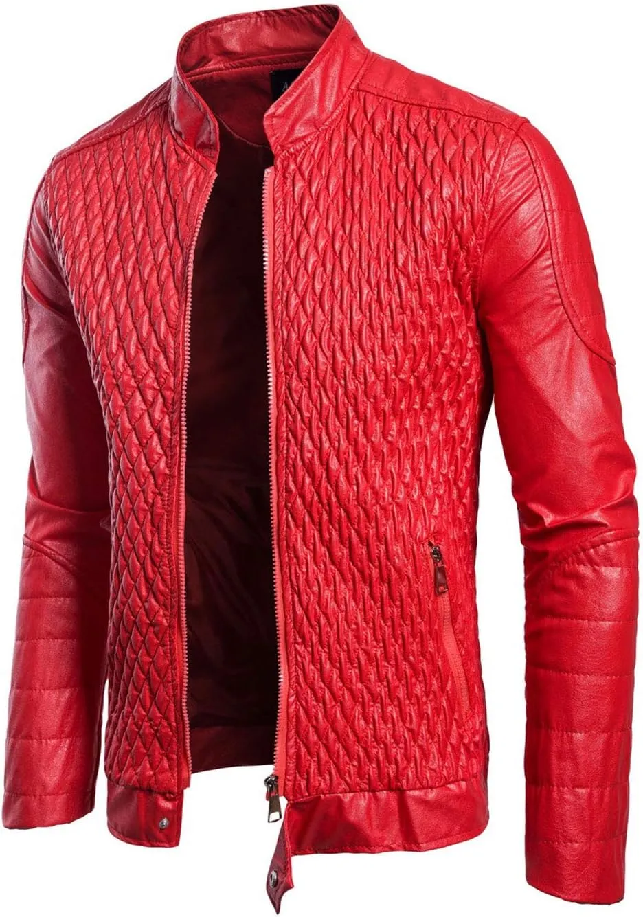 ebossy Men's Casual Stand Collar Zip Up Faux Leather Diamond Quilted Moto Jacket